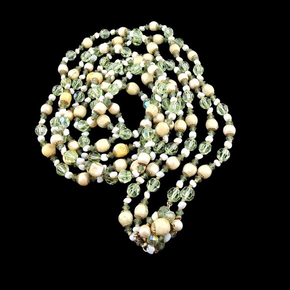 Unknown Jewelry - Multi-Strand Green & Cream Glass Bead Necklace Brass Clasp 44" Opera Easter